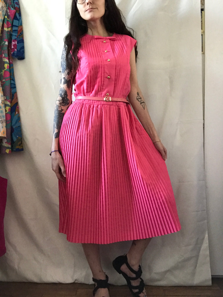 Vintage 60s pink pleated midi dress ...